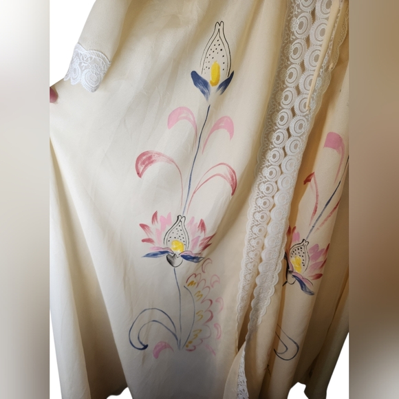Vintage Dreamy 1970s Hand-Painted Boho Maxi • Sheer Ivory Nylon & Lace • S - Picture 5 of 13